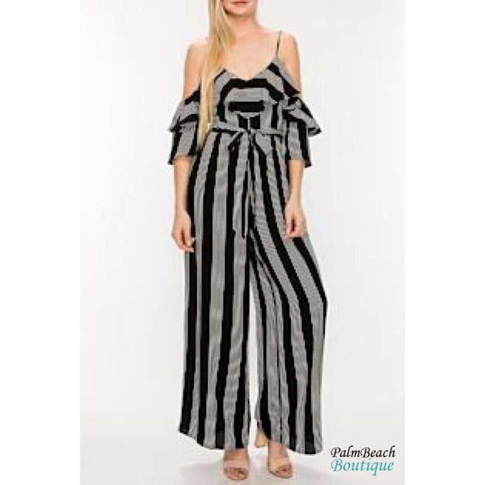 Cold Shoulder Jumpsuit-Black/White - Picture 1 of 3